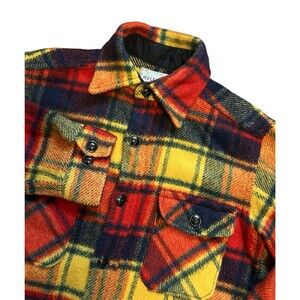 VTG 50s 60s MELTON Heavyweight Wool Plaid Flannel Shirt Red Orange Yellow Mens M